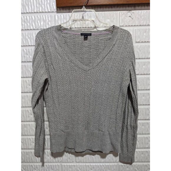 Tommy Hilfiger Women's Large Gray Cotton Classic Cable Knit V-Neck Sweater - Picture 1 of 5